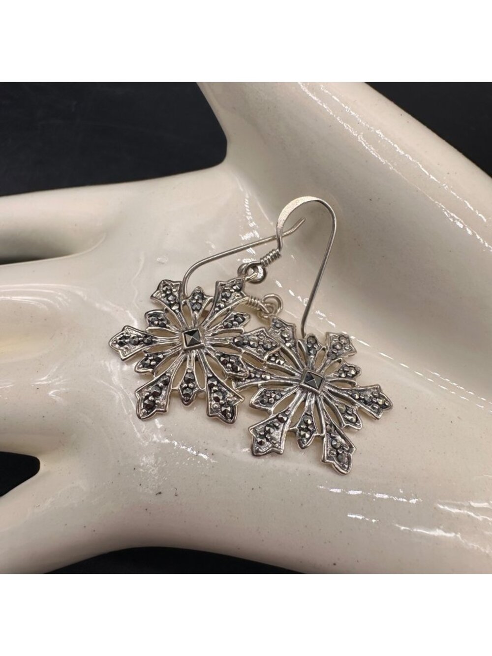 Snowflake Sterling Silver Marcasite Dangle Earrings 925 Winter Jewelry Gift